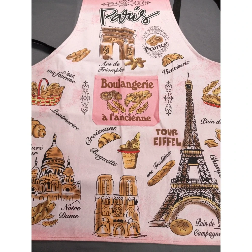 Paris Boulangerie French Bakery Print Cotton Bib Apron Pink White One Size